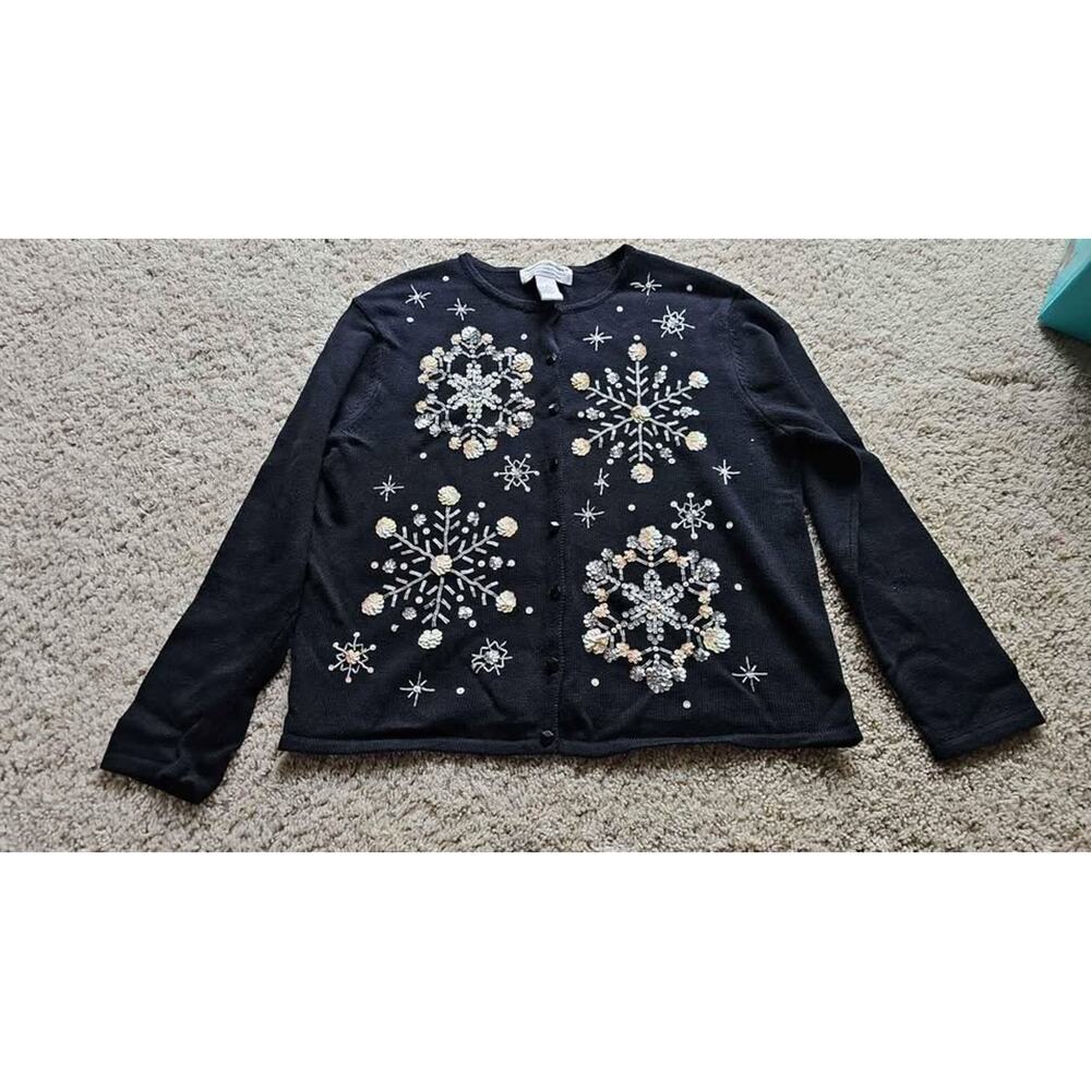 Vintage Snowflake Sequin Beaded Holiday Christmas Cardigan‎ Sweater heirloom L